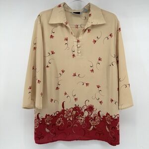 Maggie Barnes Tan Red Floral Collared Blouse 18W Office Autumn Careerwear